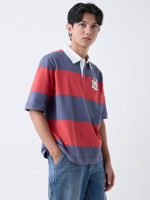 Nuon Red Striped Relaxed-Fit Cotton Polo T-Shirt