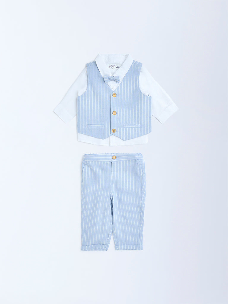 HOP Baby Blue Striped Cotton Waistcoat. Shirt. Pants and Bow Set - Image 2