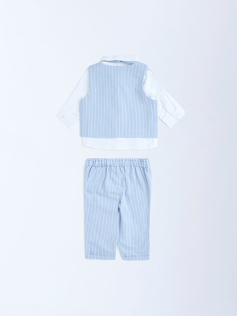 HOP Baby Blue Striped Cotton Waistcoat. Shirt. Pants and Bow Set - Image 3