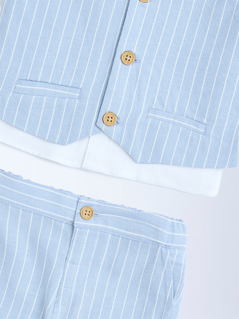 HOP Baby Blue Striped Cotton Waistcoat. Shirt. Pants and Bow Set - Image 4