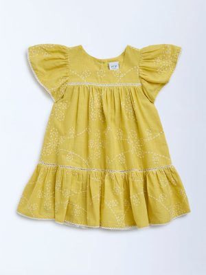 HOP Kids Yellow Embroidered Cotton A-Line Dress
