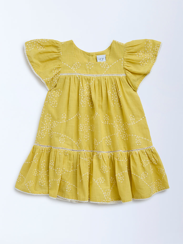 HOP Kids Yellow Embroidered Cotton A-Line Dress