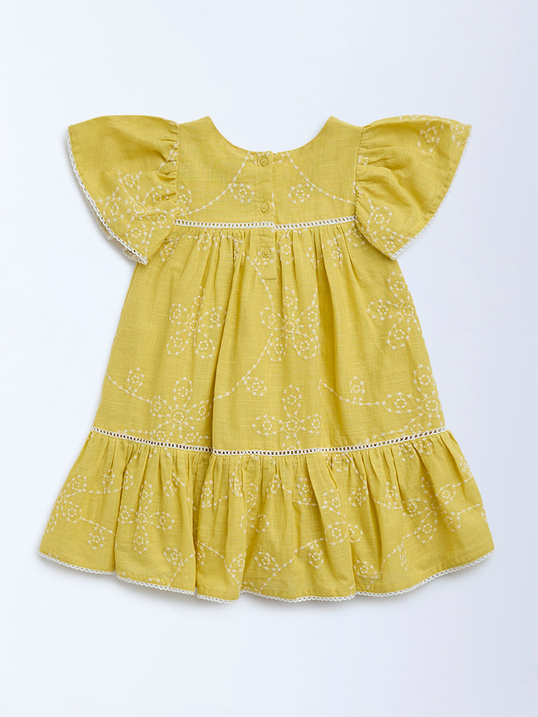 HOP Kids Yellow Embroidered Cotton A-Line Dress - Image 2