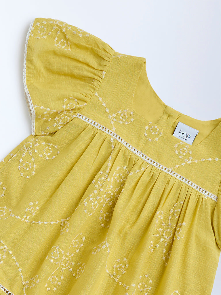 HOP Kids Yellow Embroidered Cotton A-Line Dress - Image 3