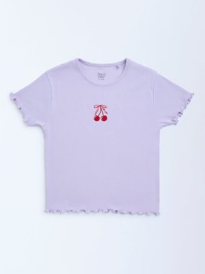 Y&F Kids Lilac Cherry Design Ribbed Cotton-Blend T-Shirt