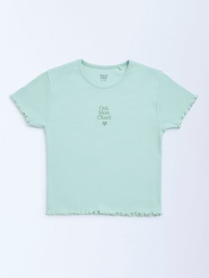 Y&F Kids Mint Text Design Ribbed Cotton-Blend T-Shirt
