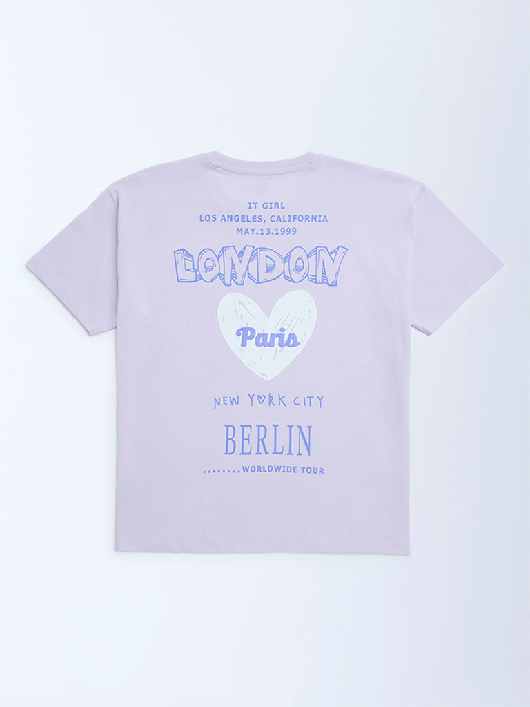 Y&F Kids Lilac Text Pattern Cotton T-Shirt - Image 2
