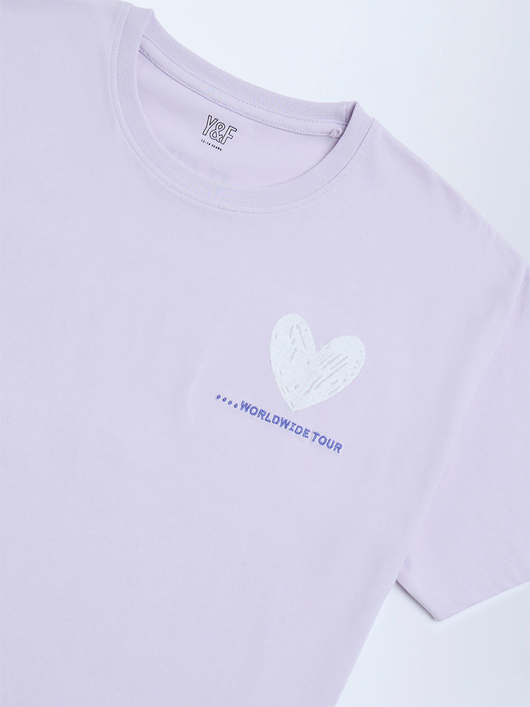 Y&F Kids Lilac Text Pattern Cotton T-Shirt - Image 3