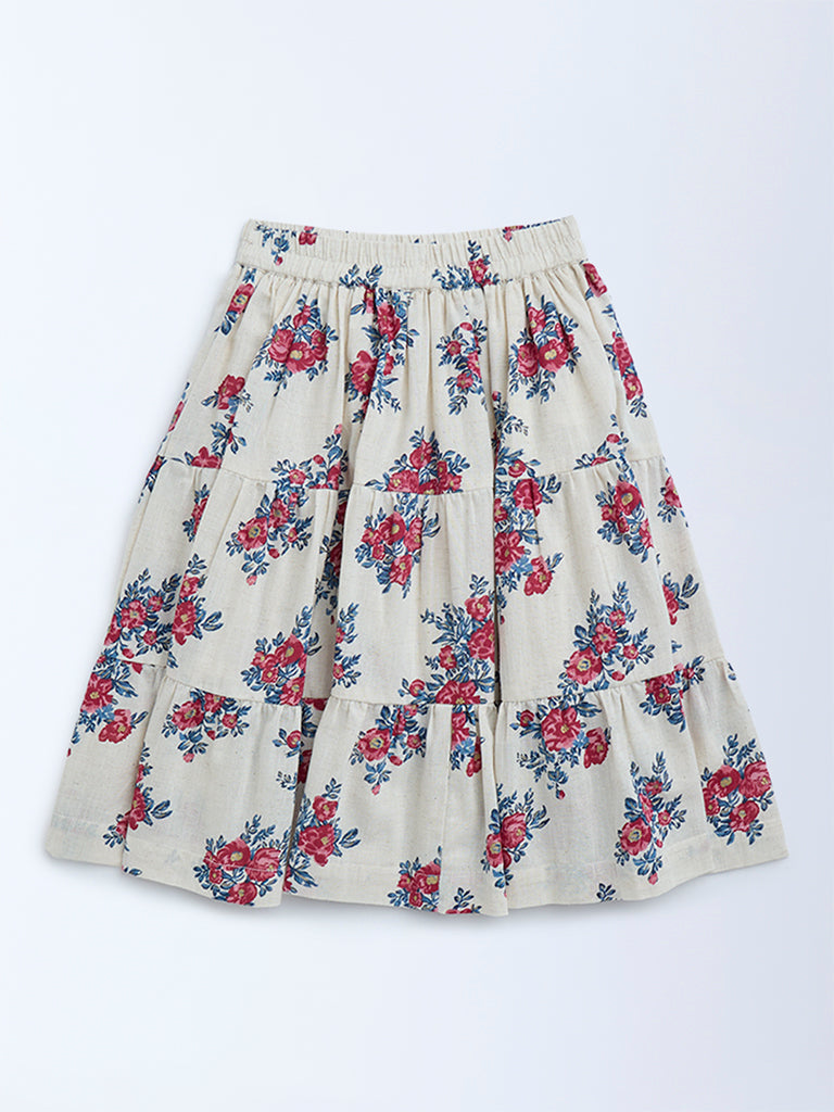 Utsa Kids Off-White Floral Tiered Cotton-Blend Skirt - (2-8yrs)
