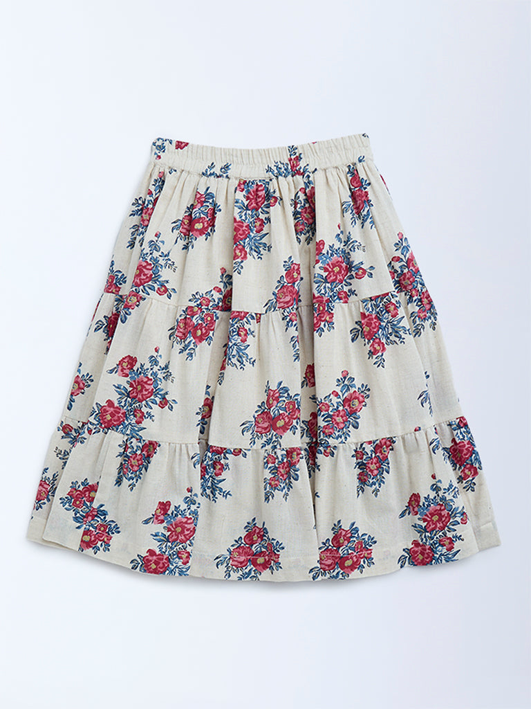Utsa Kids Off-White Floral Tiered Cotton-Blend Skirt - (2-8yrs) - Image 2