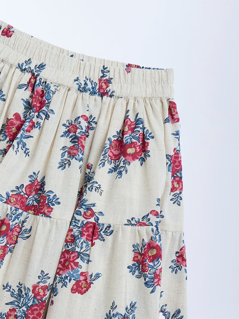 Utsa Kids Off-White Floral Tiered Cotton-Blend Skirt - (2-8yrs) - Image 3