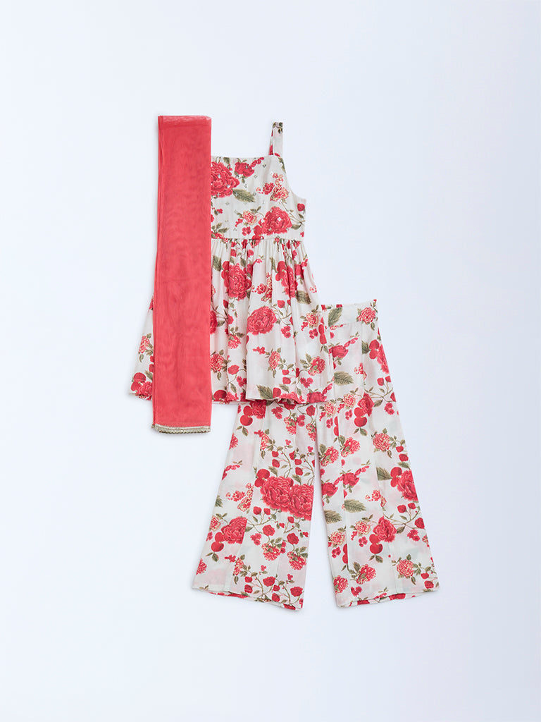 Utsa Kids Off-White Floral Design Fit-and-Flare Ethnic Set - (2-8yrs) - Image 2