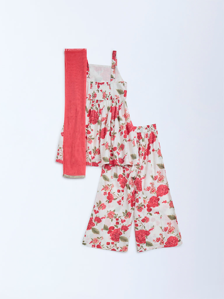 Utsa Kids Off-White Floral Design Fit-and-Flare Ethnic Set - (2-8yrs) - Image 3
