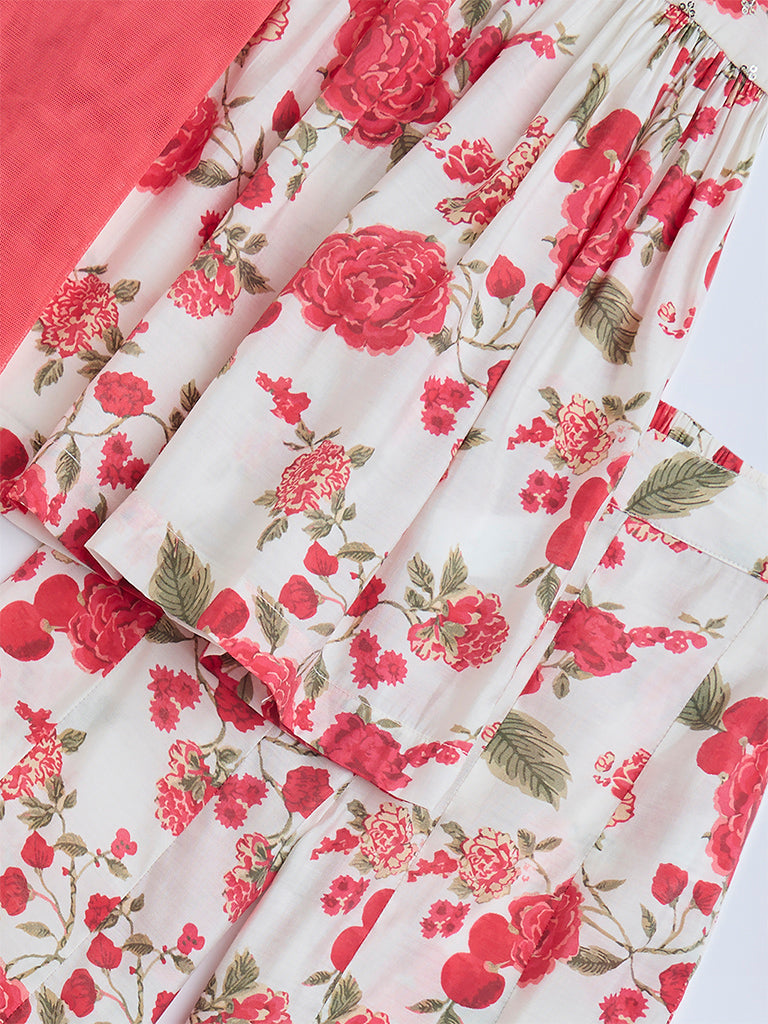 Utsa Kids Off-White Floral Design Fit-and-Flare Ethnic Set - (2-8yrs) - Image 4