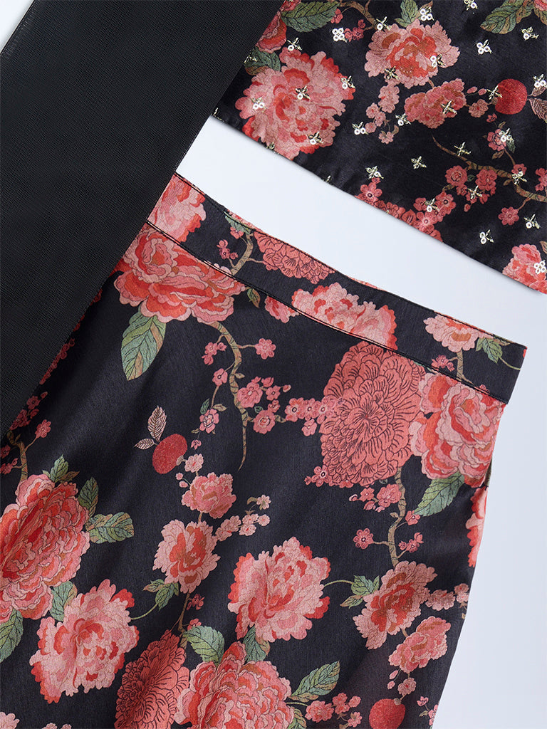 Utsa Kids Black Floral Embroidered Ethnic Set - (2-8yrs) - Image 4