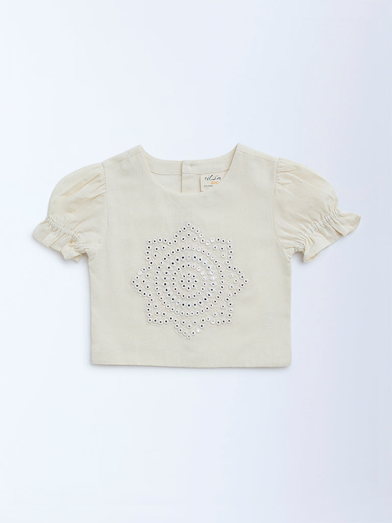 Utsa Kids Off-White Mirror Detailed Cotton Ethnic Top - (2-8yrs) - Image 2