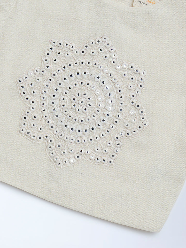 Utsa Kids Off-White Mirror Detailed Cotton Ethnic Top - (2-8yrs) - Image 4