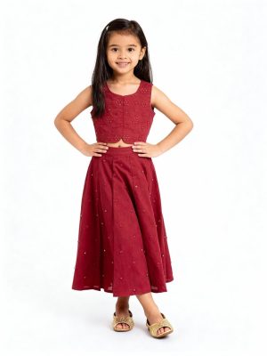 Utsa Kids Red Mirror Embroidered Cotton Waistcoat - (2-8yrs)