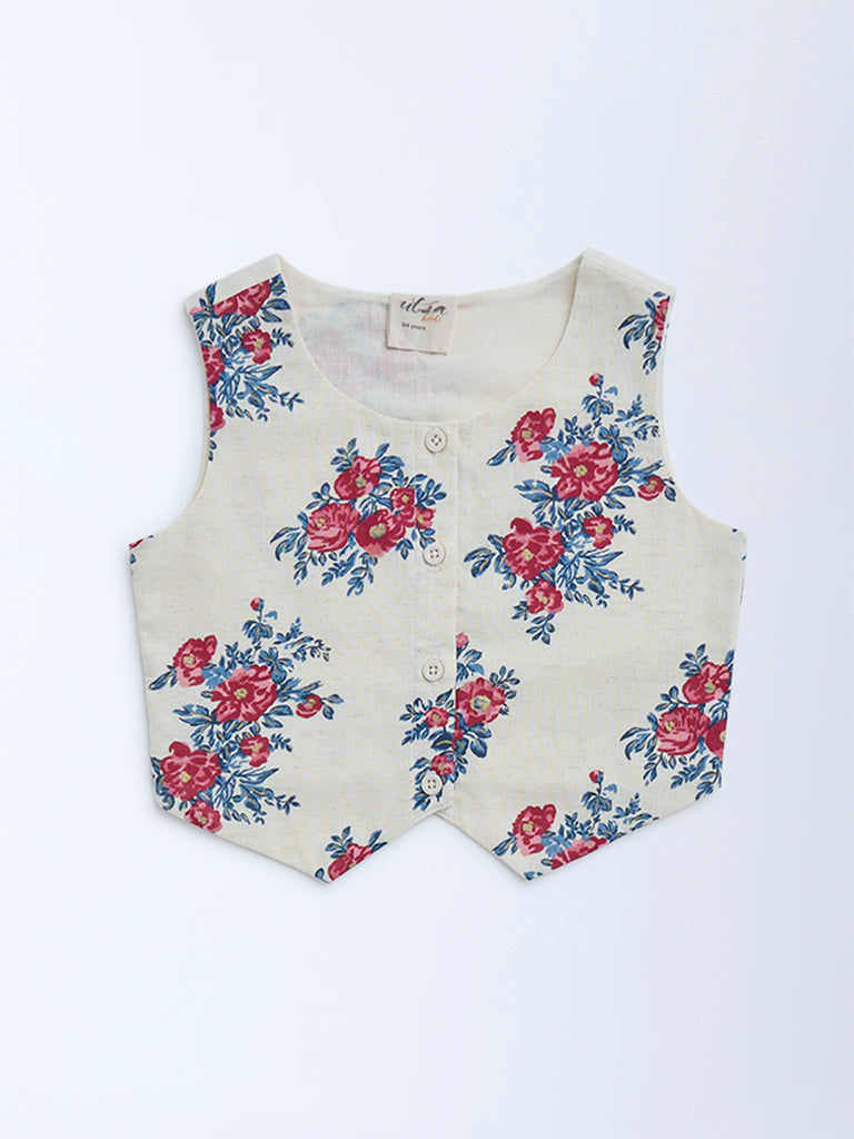 Utsa Kids Off-White Floral Pattern Cotton-Blend Vest Top - (2-8yrs) - Image 2