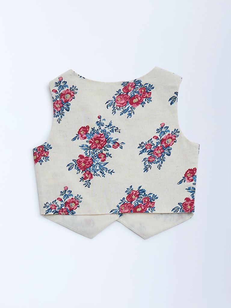 Utsa Kids Off-White Floral Pattern Cotton-Blend Vest Top - (2-8yrs) - Image 3