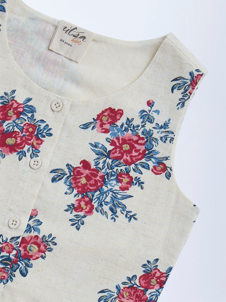 Utsa Kids Off-White Floral Pattern Cotton-Blend Vest Top - (2-8yrs) - Image 4