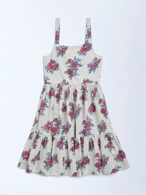 Utsa Kids Off-White Floral Design Cotton-Blend Tiered Dress - (8-14yrs)