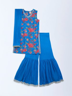 Utsa Kids Blue Floral Pattern Straight Ethnic Set - (8-14yrs)