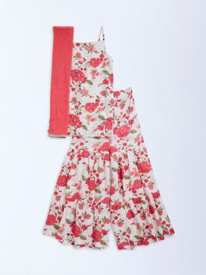 Utsa Kids Off-White Floral Design Straight Ethnic Set - (8-14yrs)