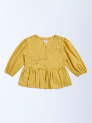 Utsa Kids Yellow Floral Embroidered Cotton Ethnic Top - (8-14yrs)