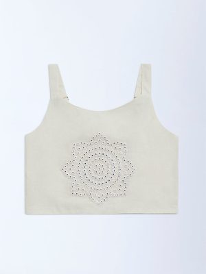 Utsa Kids Off-White Mirror Detailed Cotton Ethnic Top - (8-14yrs)