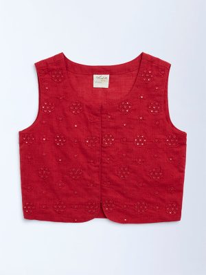 Utsa Kids Red Mirror Embroidered Cotton Waistcoat - (8-14yrs)