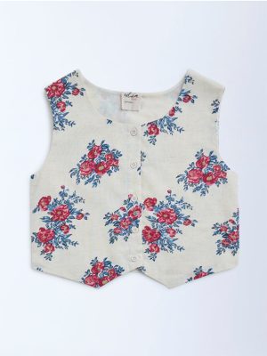 Utsa Kids Off-White Floral Pattern Cotton-Blend Vest Top - (8-14yrs)