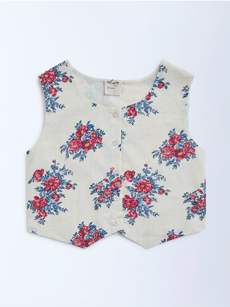 Utsa Kids Off-White Floral Pattern Cotton-Blend Vest Top - (8-14yrs)