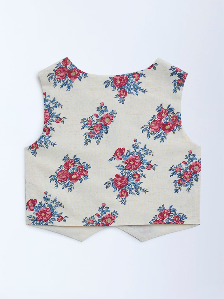Utsa Kids Off-White Floral Pattern Cotton-Blend Vest Top - (8-14yrs) - Image 2