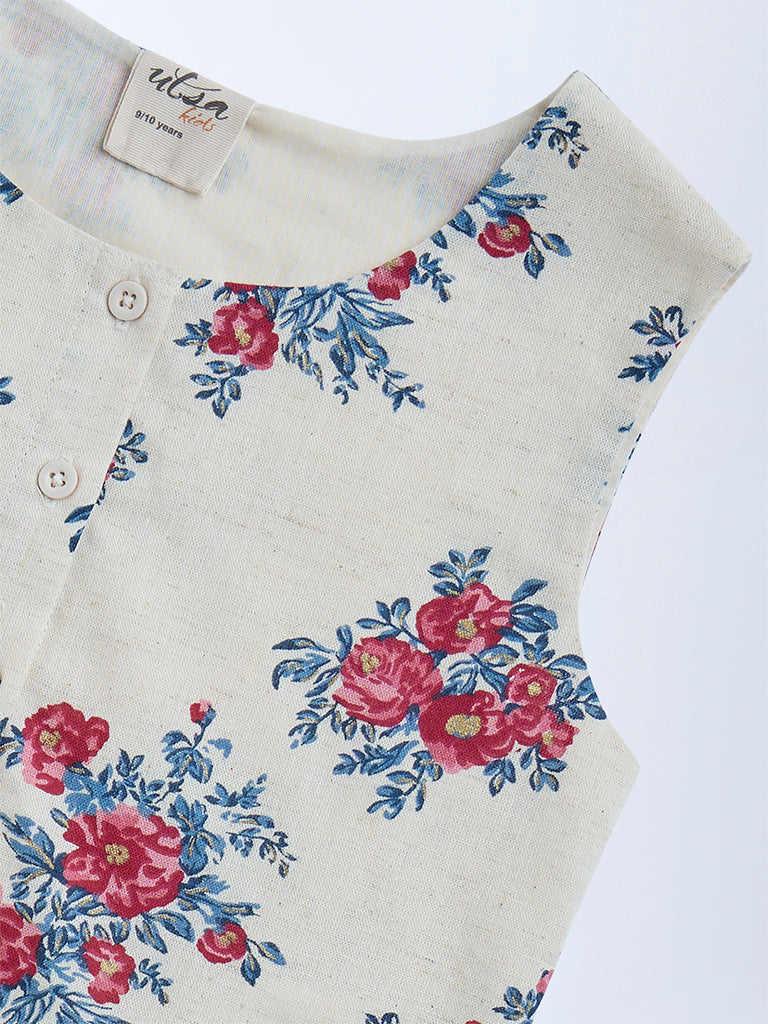 Utsa Kids Off-White Floral Pattern Cotton-Blend Vest Top - (8-14yrs) - Image 3