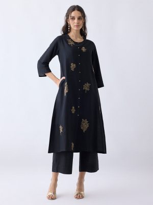 Utsa Black Floral Embroidered A-Line Kurta