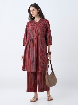 Utsa Maroon Striped Cotton Straight Kurta