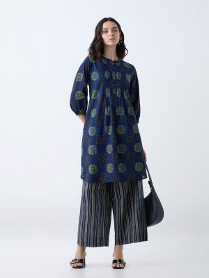 Utsa Navy Badla Printed Straight Cotton Kurta