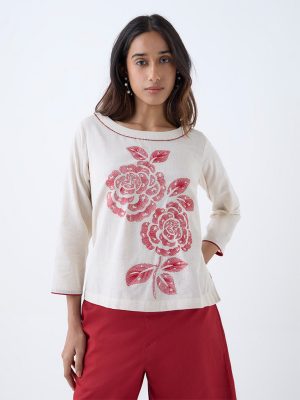 Utsa Off-White Floral Embroidered Cotton-Blend Ethnic Top