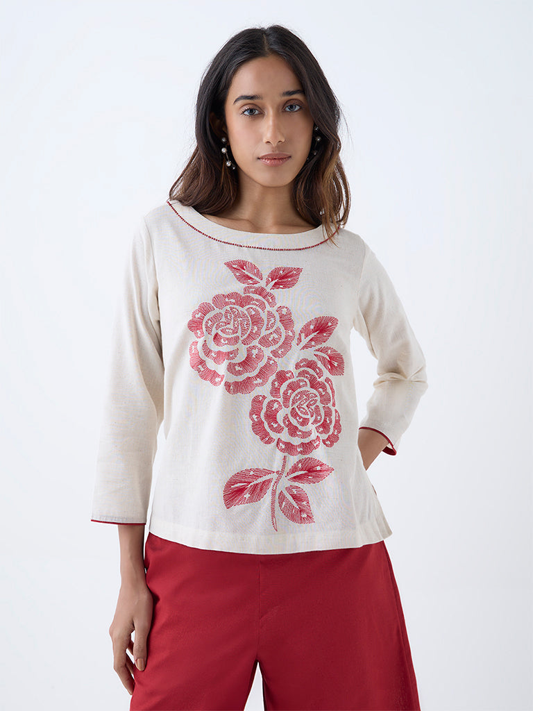 Utsa Off-White Floral Embroidered Cotton-Blend Ethnic Top