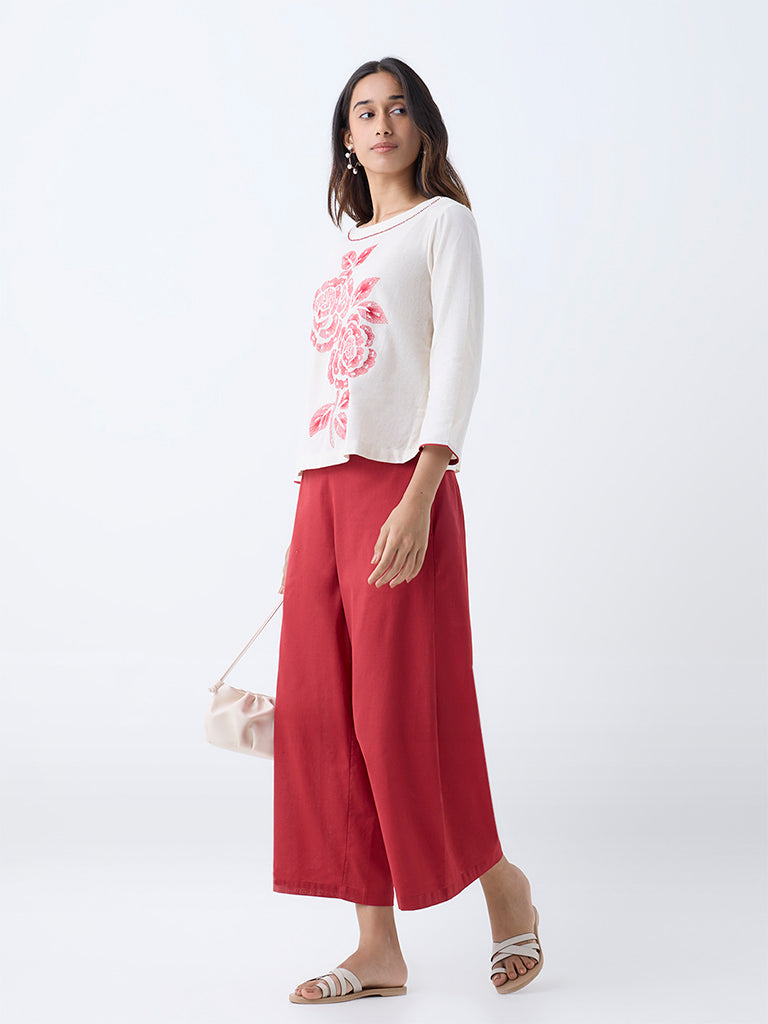 Utsa Off-White Floral Embroidered Cotton-Blend Ethnic Top - Image 2