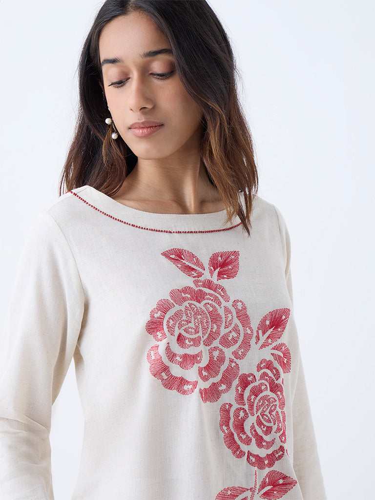 Utsa Off-White Floral Embroidered Cotton-Blend Ethnic Top - Image 3