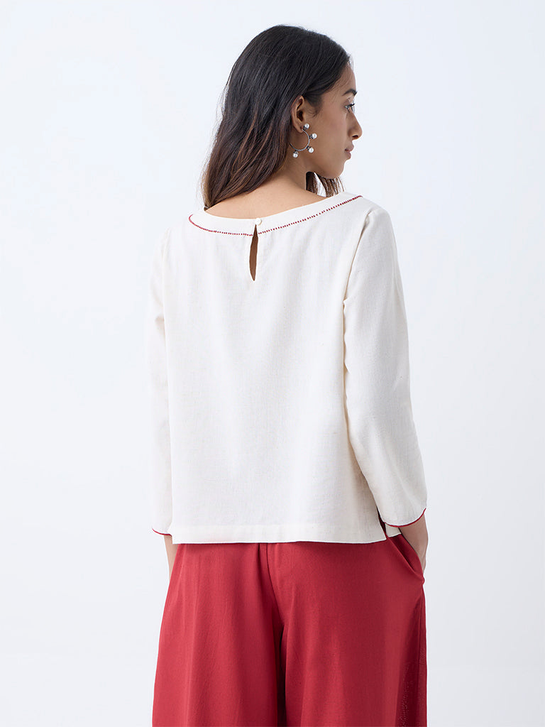 Utsa Off-White Floral Embroidered Cotton-Blend Ethnic Top - Image 4