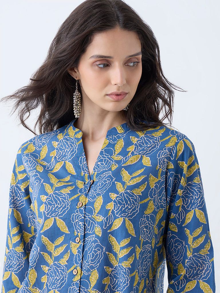 Utsa Indigo Foliage Printed Cotton Tunic - Image 3