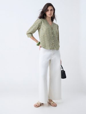 Utsa Olive Floral Printed Cotton Top