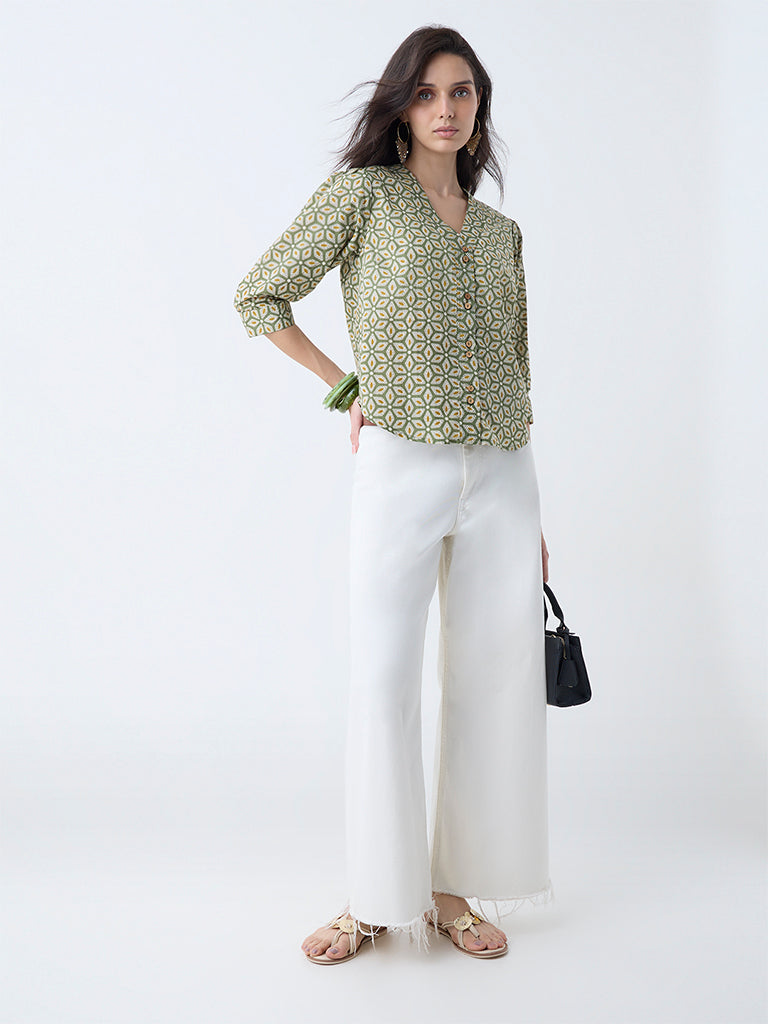 Utsa Olive Floral Printed Cotton Top