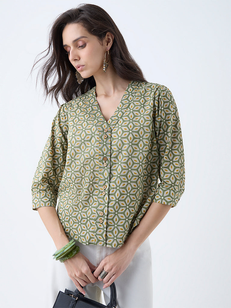 Utsa Olive Floral Printed Cotton Top - Image 2