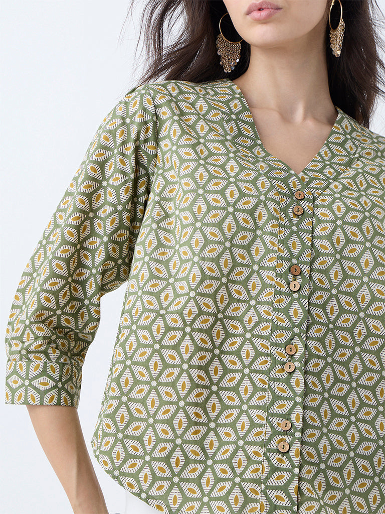 Utsa Olive Floral Printed Cotton Top - Image 3
