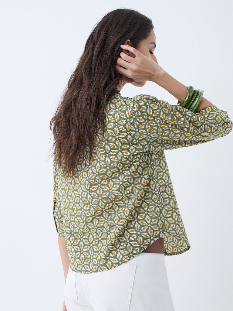 Utsa Olive Floral Printed Cotton Top - Image 4