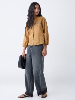 Utsa Mustard Floral Embroidered Cotton-Blend Top